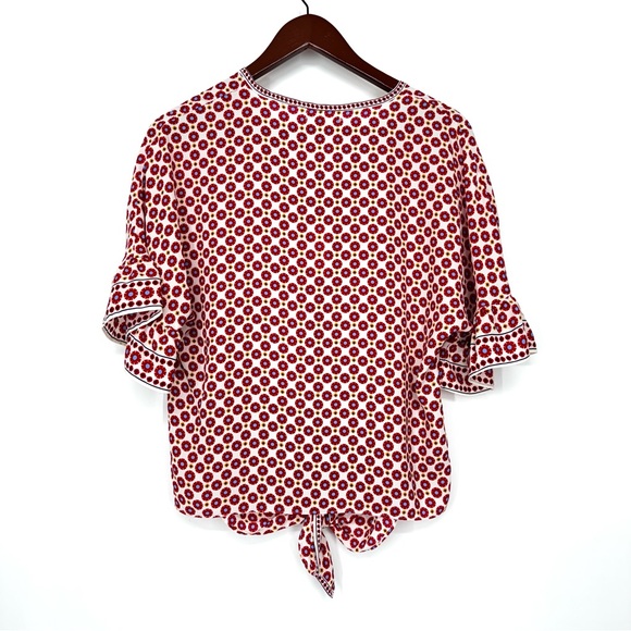 Max Studio Ivory Red Blue Geometric Print V-Neck Button Front Half Sleeve Blouse - Picture 2 of 13